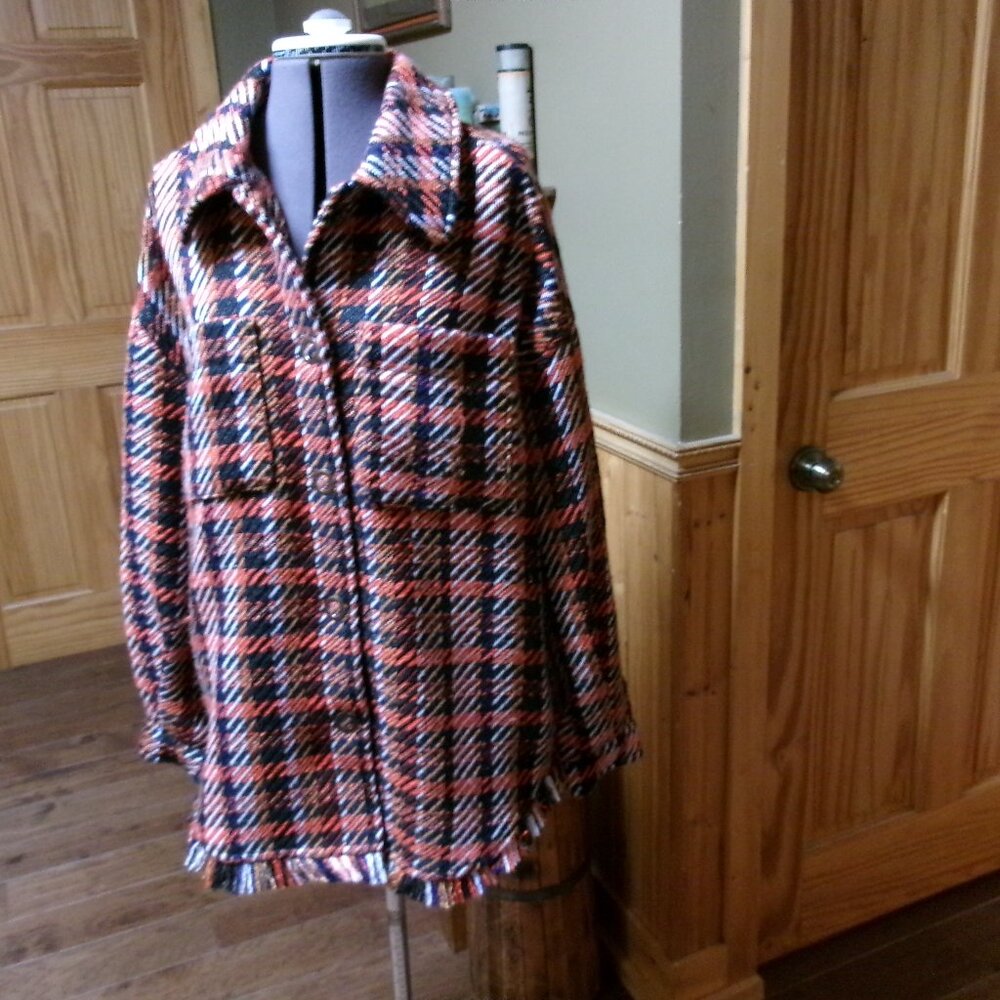 BB Dakota orange black weaved CPO jacket button front Med fringed boho MED